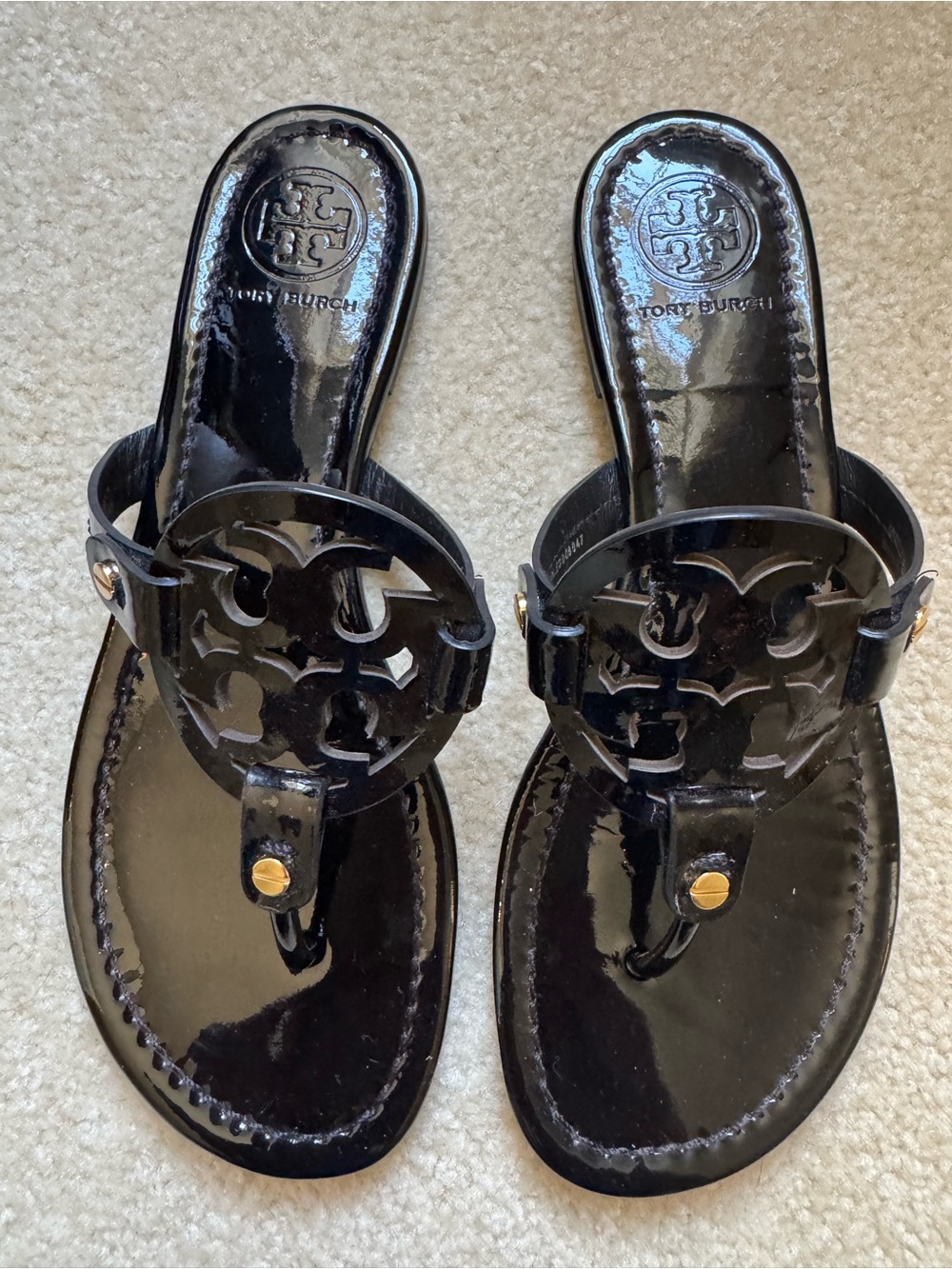 Tory Burch Miller Black Patent Logo Thong Sandals